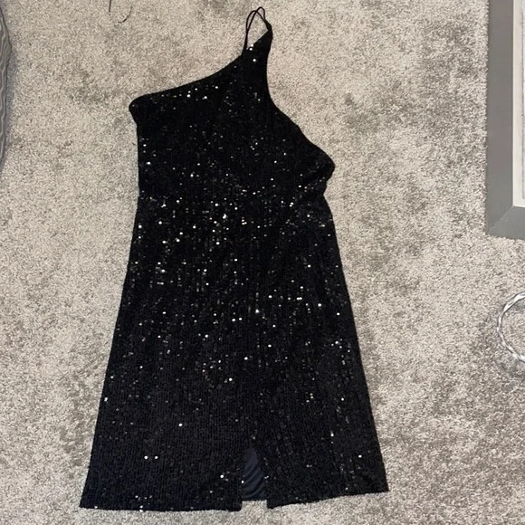 open lace back dress Interstella Sequin Long Sleeve Mini Dress Black